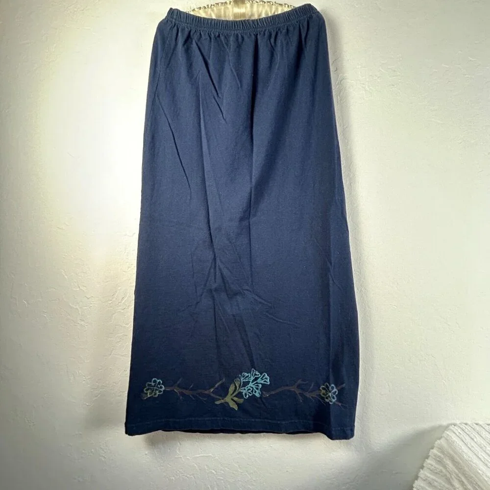 VINTAGE Blue Fish Women's Straight Maxi Skirt Blue Organic Cotton Elastic Waist